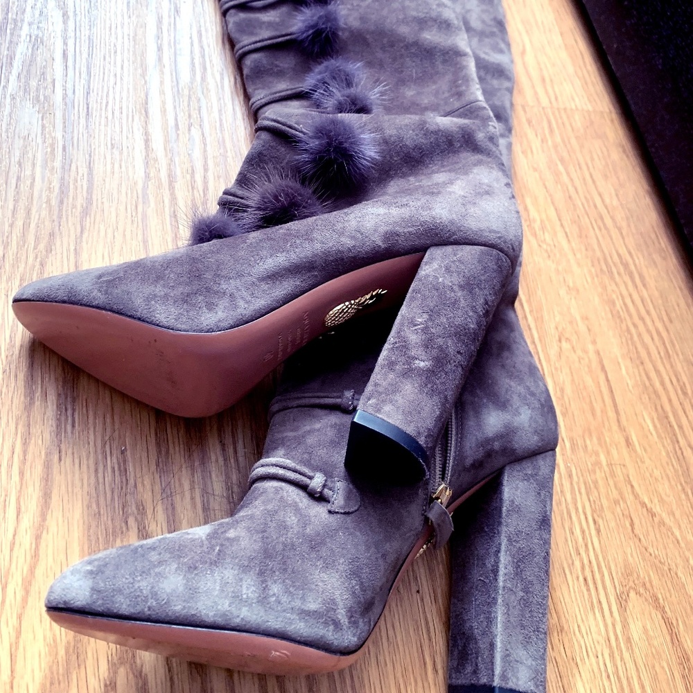 AQUAZZURA Ulyana 105 fur-trimmed suede over-the-kn